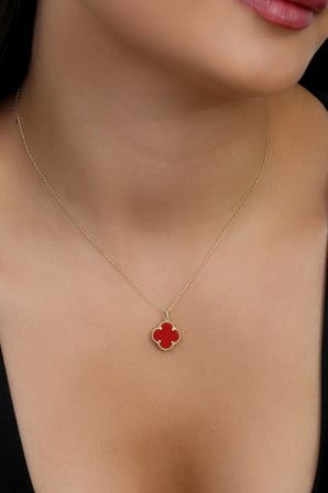 14K Altın Kaplamalı 925 Ayar Gümüş Granada Saray Yoncası Kolye - Kırmızı 231829001