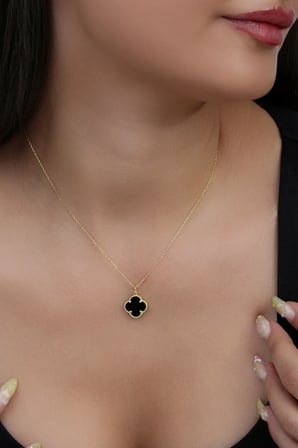 14K Altın Kaplamalı 925 Ayar Gümüş Granada Saray Yoncası Kolye - Siyah Oniks 231829002