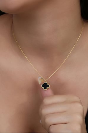 14K Altın Kaplamalı 925 Ayar Gümüş Granada Saray Yoncası Kolye - Siyah Oniks 231829002