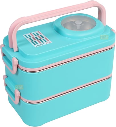 Uzspace 1200ml Lunchbox 2 Katlı 4 Bölmeli Mini Kaseli Çelik Sefer Tası Yemek Kutusu (Turkuaz-Pembe)