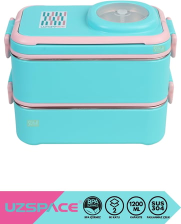 Uzspace 1200ml Lunchbox 2 Katlı 4 Bölmeli Mini Kaseli Çelik Sefer Tası Yemek Kutusu (Turkuaz-Pembe)