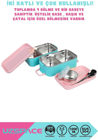 Uzspace 1200ml Lunchbox 2 Katlı 4 Bölmeli Mini Kaseli Çelik Sefer Tası Yemek Kutusu (Turkuaz-Pembe)
