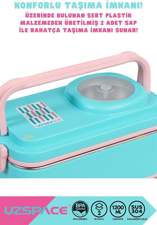 Uzspace 1200ml Lunchbox 2 Katlı 4 Bölmeli Mini Kaseli Çelik Sefer Tası Yemek Kutusu (Turkuaz-Pembe)