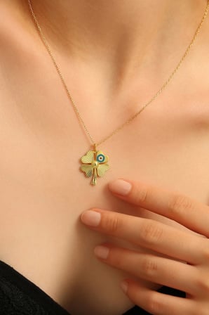 14K Altın Kaplamalı 925 Ayar Gümüş Kalemli Nazar Boncuklu Dört Yapraklı Yonca Kolye - 23183802