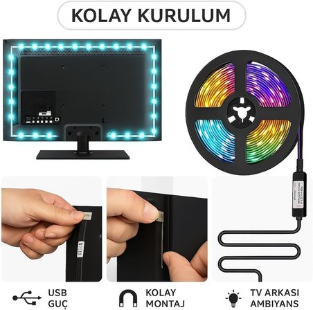 Monitör ve TV Arkası 3 Metre RGB Şerit LED Seti - Cata USB Bağlantılı, Uzaktan Kumandalı, 352 Renk Seçenekli Ambiyans Aydınlatma, Göz Yormayan LED Işık Sistemi