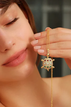 18K Altın Kaplamalı 925 Ayar Gümüş Kaplumbağa Kolye - 23184301