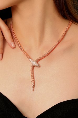 Rose Gold Kaplamalı 925 Ayar Gümüş Örgü Y Model Yılan Kolye - 23185001