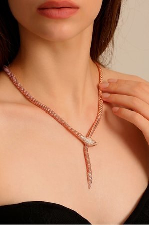 Rose Gold Kaplamalı 925 Ayar Gümüş Örgü Y Model Yılan Kolye - 23185001
