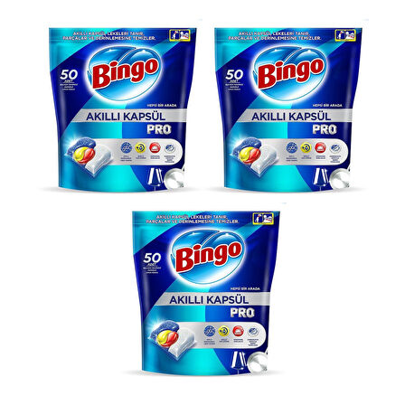 Bingo Akıllı Kapsül Pro Bulaşık Makinesi Deterjanı Tableti 50'li x 3 Adet (150 Kapsül)