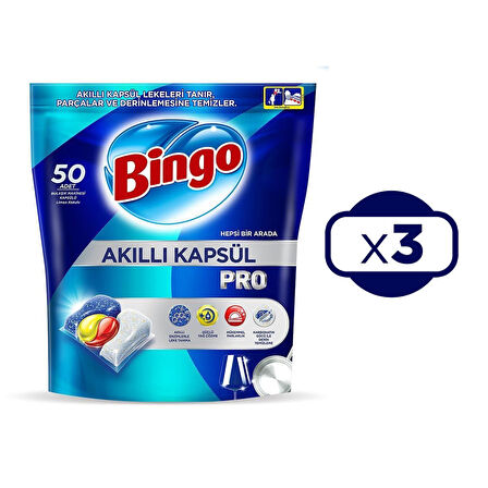 Bingo Akıllı Kapsül Pro Bulaşık Makinesi Deterjanı Tableti 50'li x 3 Adet (150 Kapsül)