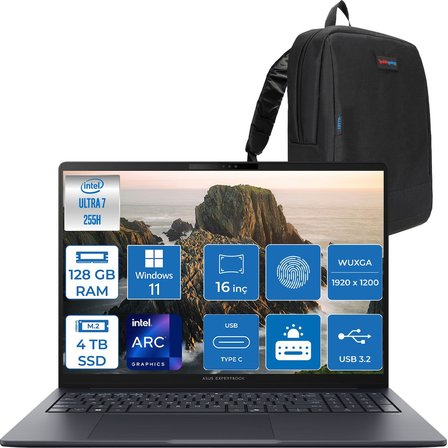 Asus Expertbook B5 B5605CCA-U716512B1D Intel® Core™ Ultra 7 255H Aı 128GB Ddr5 4tb SSD Intel® Arc™ Graphics 16" Wuxga (1920X1200) IPS 300NITS WIN11HOME Taşınabilir Bilgisayar B5605CCAH35+ZETTAÇANTA