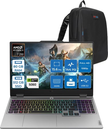 Lenovo Loq 15AHP10 Amd Ryzen 7 250 Aı 80GB Ddr5 512GB SSD 8GB/RTX5060 100W Gddr7 15.6" Fhd (1920X1080) IPS 300NITS 144Hz  Freedos Gaming BILG.83JG008UTRF22+ZETTAÇANTA