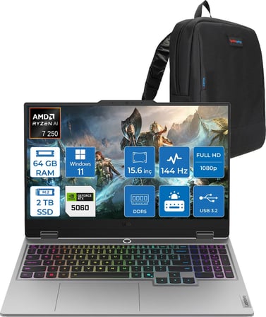 Lenovo Loq 15AHP10 Amd Ryzen 7 250 Aı 64GB Ddr5 2tb SSD 8GB/RTX5060 100W Gddr7 15.6" Fhd (1920X1080) IPS 300NITS 144Hz  WIN11PRO Gaming BILG.83JG008UTRP19+ZETTAÇANTA