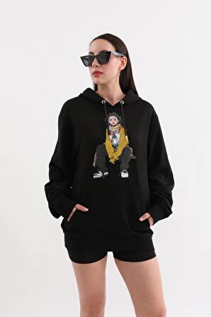 Siyah Baskılı Kapüşonlu Oversize Kadın Sweatshirt