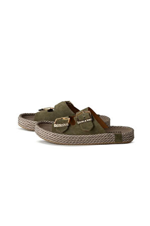 Armon Yeşil Hakiki Deri Toka Detaylı Terlik