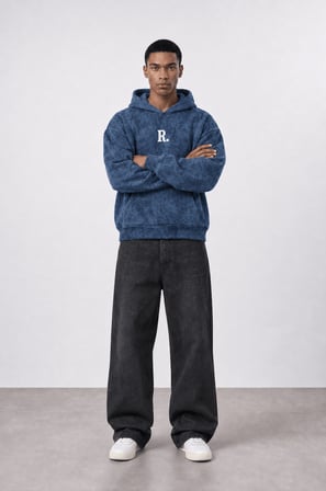 Erkek Revere Nakışlı Yıkamalı Oversize Hoodie Lacivert
