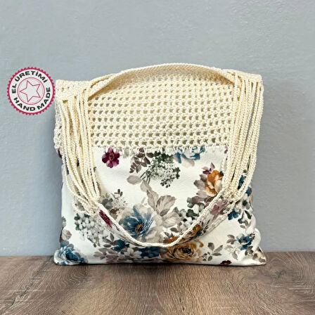 Uretti-VENHAR7589 El Yapımı Makrome İp Çiçek Desenli Çanta 36cm - Beyaz