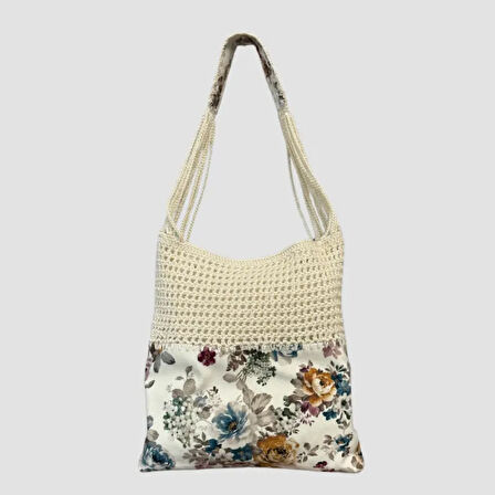 Uretti-VENHAR7589 El Yapımı Makrome İp Çiçek Desenli Çanta 36cm - Beyaz