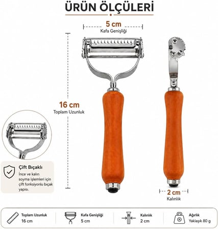 Çift Bıçaklı Ahşap Saplı Soyacak - Çift Bıçaklı Ahşap Saplı Sebze ve Meyve Soyacak – Paslanmaz Çelik Ultra Keskin Tırtıklı &amp; Düz Bıçaklı, Ergonomik Kaymaz Sap, Patates Havuç Kabak Elma