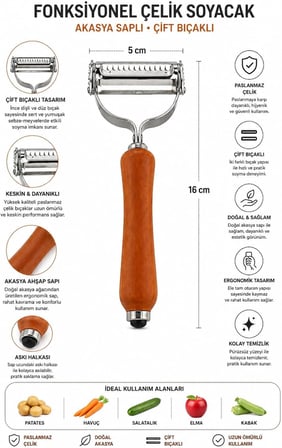 Çift Bıçaklı Ahşap Saplı Soyacak - Çift Bıçaklı Ahşap Saplı Sebze ve Meyve Soyacak – Paslanmaz Çelik Ultra Keskin Tırtıklı &amp; Düz Bıçaklı, Ergonomik Kaymaz Sap, Patates Havuç Kabak Elma