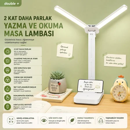 Şarjlı LED Masa Lambası – Çift Işık Barı, 3 Renk Modu, Dokunmatik Kontrollü, Katlanabilir ve Telefon Standlı Masa Lambası