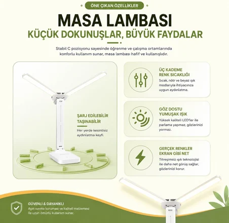 Şarjlı LED Masa Lambası – Çift Işık Barı, 3 Renk Modu, Dokunmatik Kontrollü, Katlanabilir ve Telefon Standlı Masa Lambası