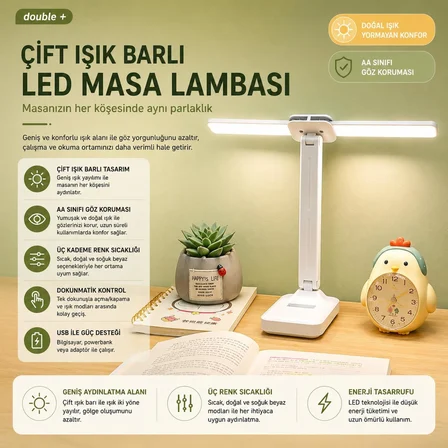 Şarjlı LED Masa Lambası – Çift Işık Barı, 3 Renk Modu, Dokunmatik Kontrollü, Katlanabilir ve Telefon Standlı Masa Lambası