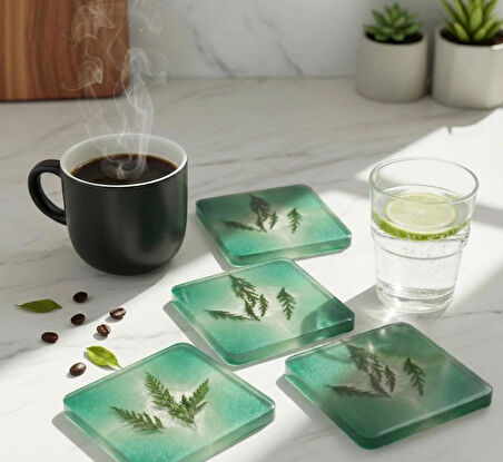 Dekoratif Bardak Altlığı Seti 4'lü - Kırılmaz Cam Görünümlü Leke Tutmaz Kahve Sunum Altlığı