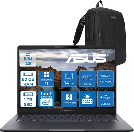 Asus Expertbook B5 B5405CCA-U716512B1D Intel® Core™ Ultra 7 255H Aı 80GB Ddr5 1tb SSD Intel® Arc™ Graphics 14"inç Wuxga (1920X1200) IPS 300NITS WIN11HOME Taşınabilir Bilgisayar B5405CCAH23+ZETTAÇANTA