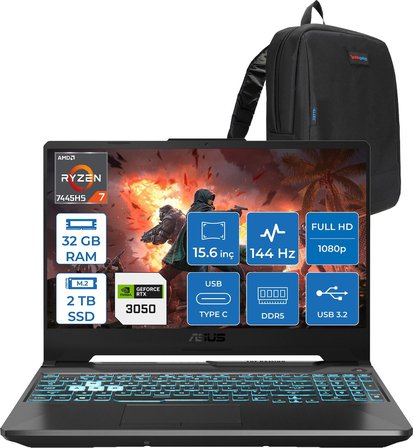 Asus Tuf Gaming A15 – FA506NCG Amd Ryzen 7-7445HS 32GB Ddr5 2tb SSD Rtx 3050/4GB 75W 15.6 Inç Full Hd 144Hz Ips-Level Freedos Gaming Bilgisayar HN206AF14+ZETTAÇANTA