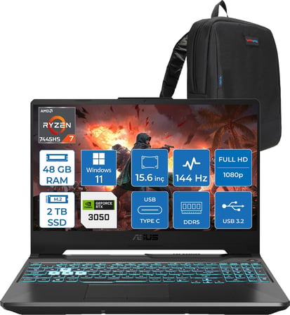 Asus Tuf Gaming A15 – FA506NCG Amd Ryzen 7-7445HS 48GB Ddr5 2tb SSD Rtx 3050/4GB 75W 15.6 Inç Full Hd 144Hz Ips-Level WIN11HOME Gaming Bilgisayar HN206AF19+ZETTAÇANTA