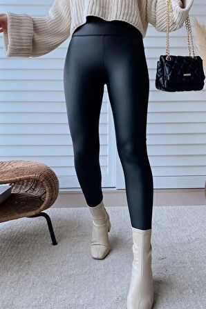 Kadın Siyah Yüksek Bel Mat Deri Tayt