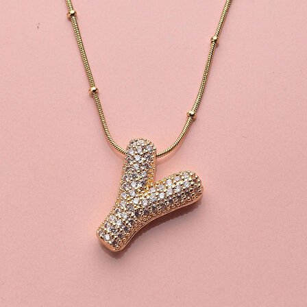 Kişiye Özel Y Harfli Kolye Kadın Zirkon Taşlı Sarı Takı Hediyelik Aksesuar