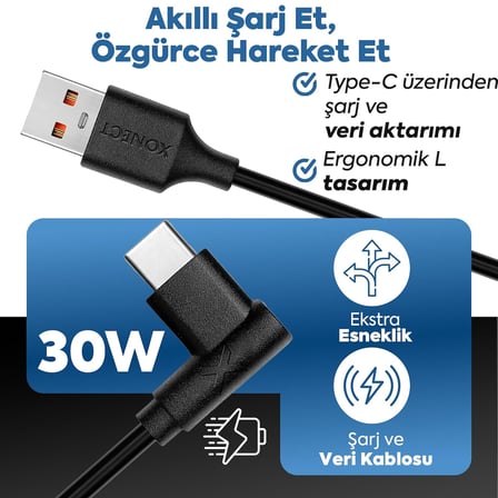 USB to Type-C ile Uyumlu iPhone ve Samsung ile Uyumlu Hızlı Şarj ve Data Kablosu 40 cm L Tipi Gaming (Siyah)
