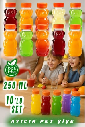10 Adet 250 ml Ayıcık Şeklinde Pet Şişe BPA İçermez Ayıcıklı Şişe Meyve Suyu ve Su Şişesi Okul Kreş Piknik ve Günlük Kullanım İçin