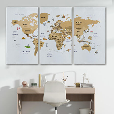 Harita Sepeti Türkçe Dünya Haritası Dekoratif Kanvas Tablo Ülke-Başkentli Öğretici ve Sembollü 2322