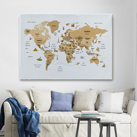 Harita Sepeti Türkçe Dünya Haritası Dekoratif Kanvas Tablo Ülke-Başkentli Öğretici ve Sembollü 2322