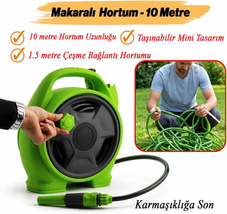Taşınabilir Makaralı 10 Metre Mini Makaralı Hortum Seti Bahçe Su Hortumu 5/16" Sulama Araç Yıkama