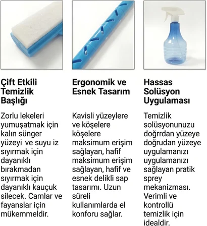2'si 1 Arada Süngerli Cam Çekçeği ve Sprey Şişesi Seti, İz Bırakmayan Camsil Aparatı, Duşakabin, Ayna ve Oto Cam Temizleyici