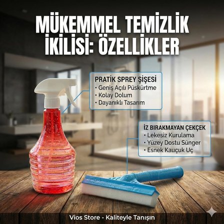 2'si 1 Arada Süngerli Cam Çekçeği ve Sprey Şişesi Seti, İz Bırakmayan Camsil Aparatı, Duşakabin, Ayna ve Oto Cam Temizleyici