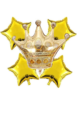 Gold Kral Tacı Folyo 1 Adet 24 Inç 4 Adet 18 Inç Gold Yıldız Folyo Balon Set