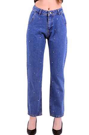 Önü Dekoratif Taşlı Yüksek Belli Cepli Mom Fit Kadın Kot Pantolon Jean Durulanmış Mavi Dört Mevsim