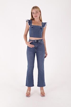 Geniş Paçalı ve Yüksek Belli Paçaları Dikişsiz Detaylı Esnek Mom Kadın Kot Pantolon Koyu Mavi Denim