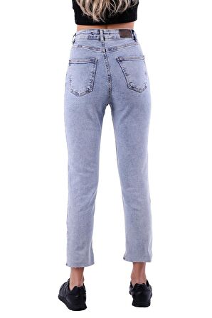 Düğme Detaylı ve Yüksek Belli Cepli Astarsız Mom Kadın Kot Pantolon Kar Açık Mavi Denim Dört Mevsim 