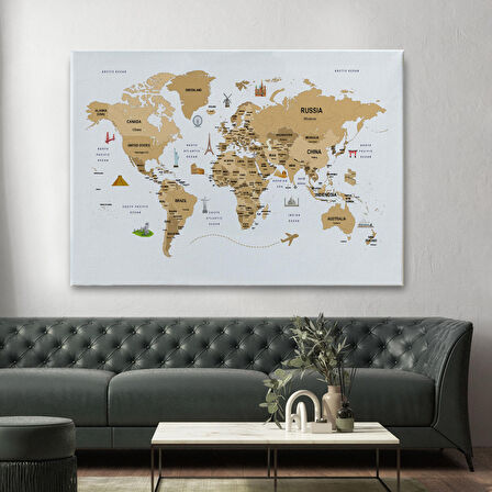 Harita Sepeti Dünya Haritası Dekoratif Kanvas Tablo Ülke ve Başkentli Öğretici ve Sembollü 2323