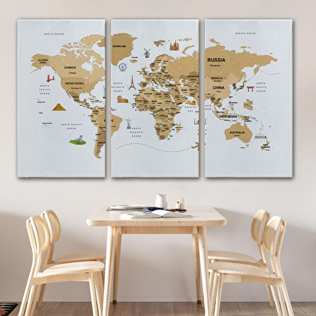 Harita Sepeti Dünya Haritası Dekoratif Kanvas Tablo Ülke ve Başkentli Öğretici ve Sembollü 2323