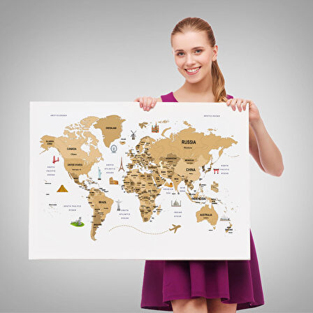 Harita Sepeti Dünya Haritası Dekoratif Kanvas Tablo Ülke ve Başkentli Öğretici ve Sembollü 2323