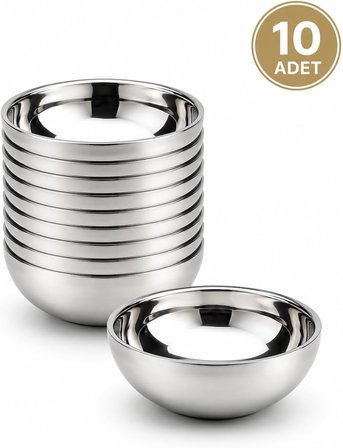Paslanmaz Çelik Çift Katmanlı Çerez Kasesi 10’lu Set 11,5 cm Isı Yalıtımlı Çelik Kase Kahvaltılık Çorba Çerez Meyve Yoğurt Servis Kasesi Kaymaz Dayanıklı Metal Mutfak Kasesi
