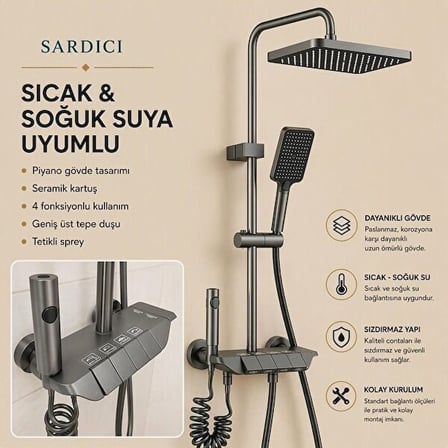 Sardıcı Piano 4 Fonksiyonlu Antrasit Banyo Bataryası ve Tepe Duş Seti
