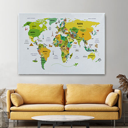 Harita Sepeti Türkçe Dünya Haritası Dekoratif Kanvas Tablo Ülke-Başkentli Öğretici ve Sembollü 2324